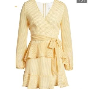 Leith Womens Yellow Stripe Long Sleeve Wrap Front Mini Dress Tiered Ruffle